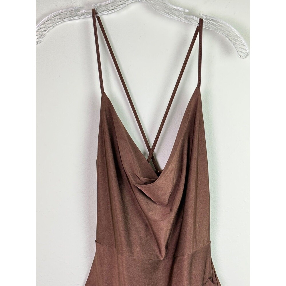 Brown Satin Midi Slip Dress Medium Cowl Neck Ruching Y2K Revival 90's Bodycon - Picture 4 of 9